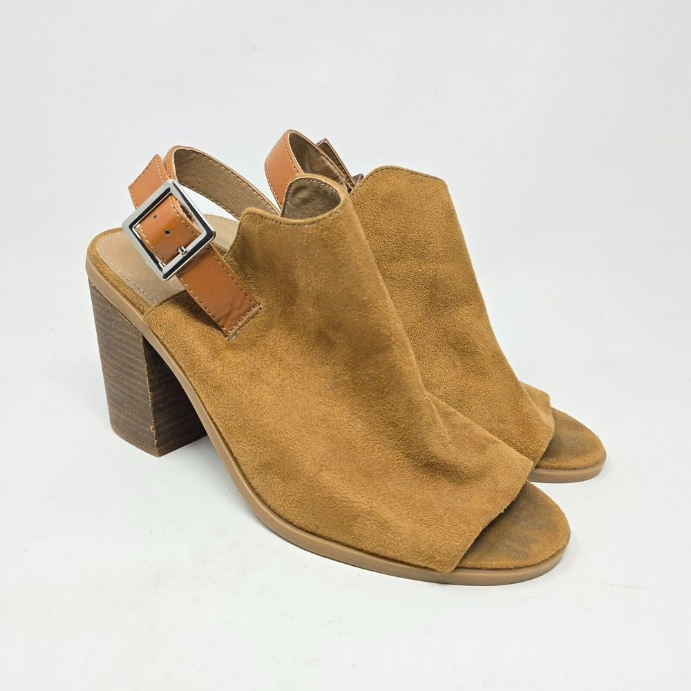 Cato Women's Size 9 Tan Velvet Textile Peep Toe Sling Back Chunky Heels Sandals